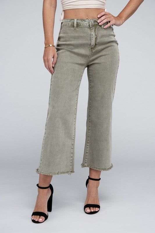 Zenana Acid Washed High Waist Frayed Hem Straight Pants