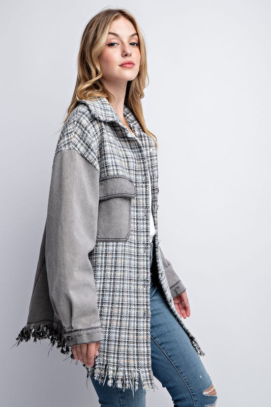 Tweed Mixed Denim Shacket with Fringed Hem