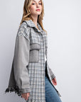 Tweed Mixed Denim Shacket with Fringed Hem