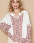 POL Waffle Knit Floral Notched Long Sleeve Top