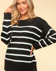 Haptics Full Size Striped Contrast Side Slit Sweater