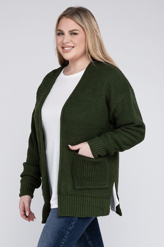 ZENANA Plus Low Gauge Waffle Open Cardigan Sweater