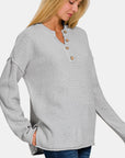 Zenana Button Closure Drop Shoulder Sweater