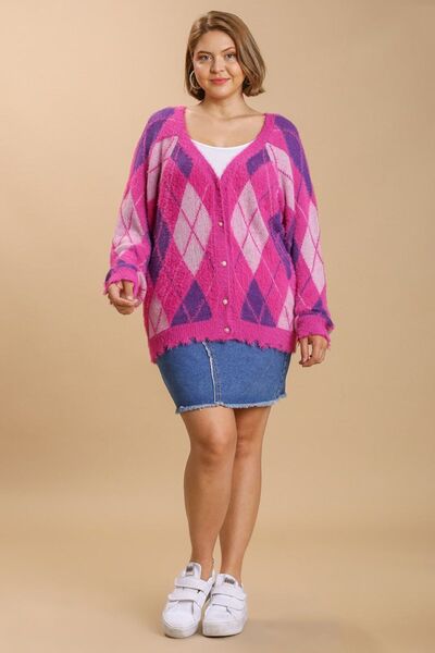 Umgee Full Size Argyle Pattern V-Neck Button Front Cardigan Plus Size