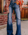 Sky Blue Button Fly Ripped High Waist Flare Jeans