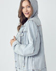 RISEN Full Size Distressed Drawstring Hooded Denim Jacket