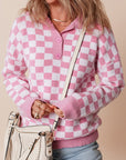 Checkered Buttons V Neck Drop Shoulder Sweater