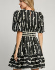 Umgee Ribbon Print Frill Contrast Velvet Trim Half Sleeve Dress