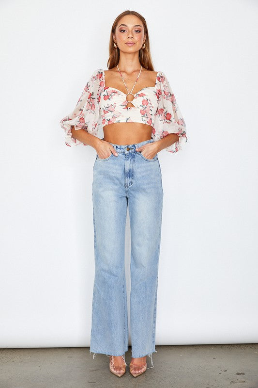 One and Only Collective Inc Chiffon Balloon Sleeved Bustier Crop Top