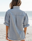 Chambray Ruffle Short Puff Sleeve Buttoned Shirt