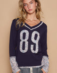 POL V-Neck Long Sleeve Floral Number Patch T-Shirt