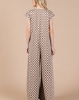 Ces Femme Checkered Half Button Cap Sleeve Jumpsuit