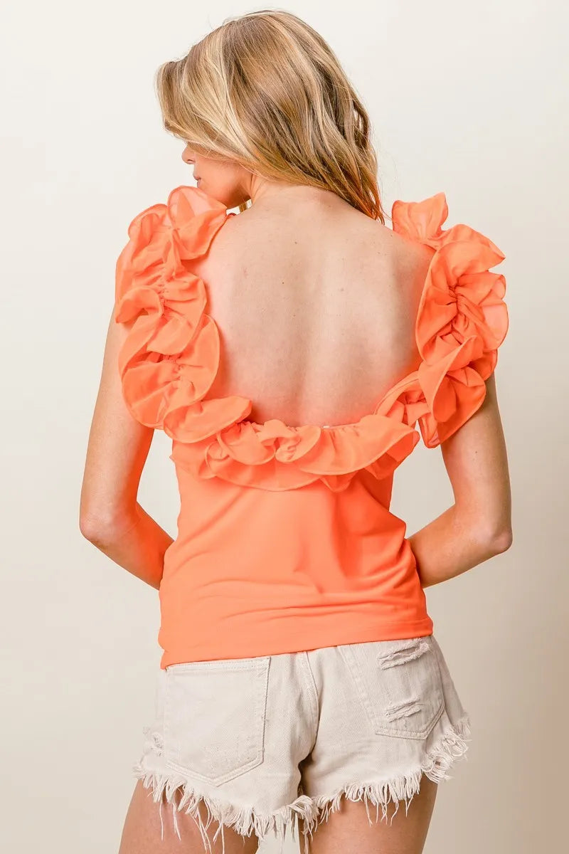 BiBi Merrow Frilled Strap With Neckline Tank Top in Coral