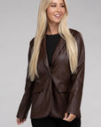 Sleek Pu Leather Blazer with Front Closure