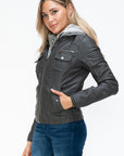 YMI Removable Faux Layered Multi-Pocket Jacket with Fuzzy Hood