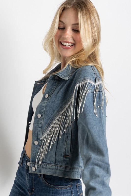 Cropped Denim Jacket with Rhinestone Fringe