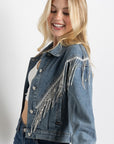 Cropped Denim Jacket with Rhinestone Fringe