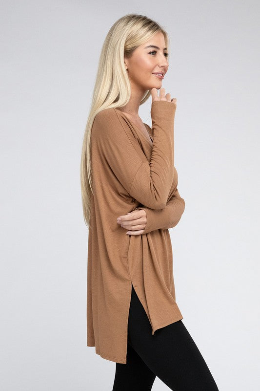 Zenana Dolman Long Sleeve V-Neck Side Slit Hi-Low Hem Top