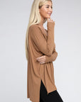 Zenana Dolman Long Sleeve V-Neck Side Slit Hi-Low Hem Top