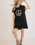 Umgee Peace Plaid Applique Short Sleeve Mini Dress