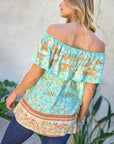 Davi & Dani Printed Off Shoulder Smocked Top