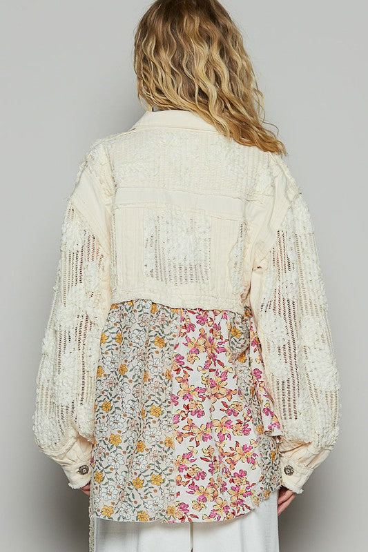 POL Floral Crochet Lace Frayed Edge Button Up Shacket