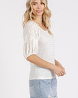 Mittoshop Mixed Media Textured Knit Popcorn Puff Sleeve Blouse