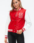 Love Me Now PU Leather Contrast Snap Down Bomber Jacket