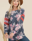 Celeste Full Size Floral Curved Hem T-Shirt with Stripe Detail