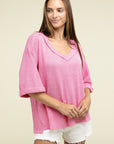 Zenana Brushed Waffle Exposed-Seam 3/4 Sleeve Top