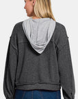 Zenana Brushed Hacci Button Down Drawstring Hooded Shacket