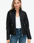 Snobbish Faux Leather Zip Up Mock Neck Jacket