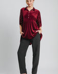 Umgee Pearl Detail Collared Neck Velvet Babydoll Blouse