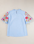 Gingham Floral Embroidered Puff Sleeve Blouse