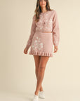 MABLE Floral Embroidered Crop Cardigan and Ruffled Mini Skirt Set