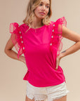 BiBi Pearl Decor Mesh Ruffle Sleeve Top