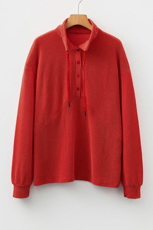 Corded Knit Half-Button Collared Top