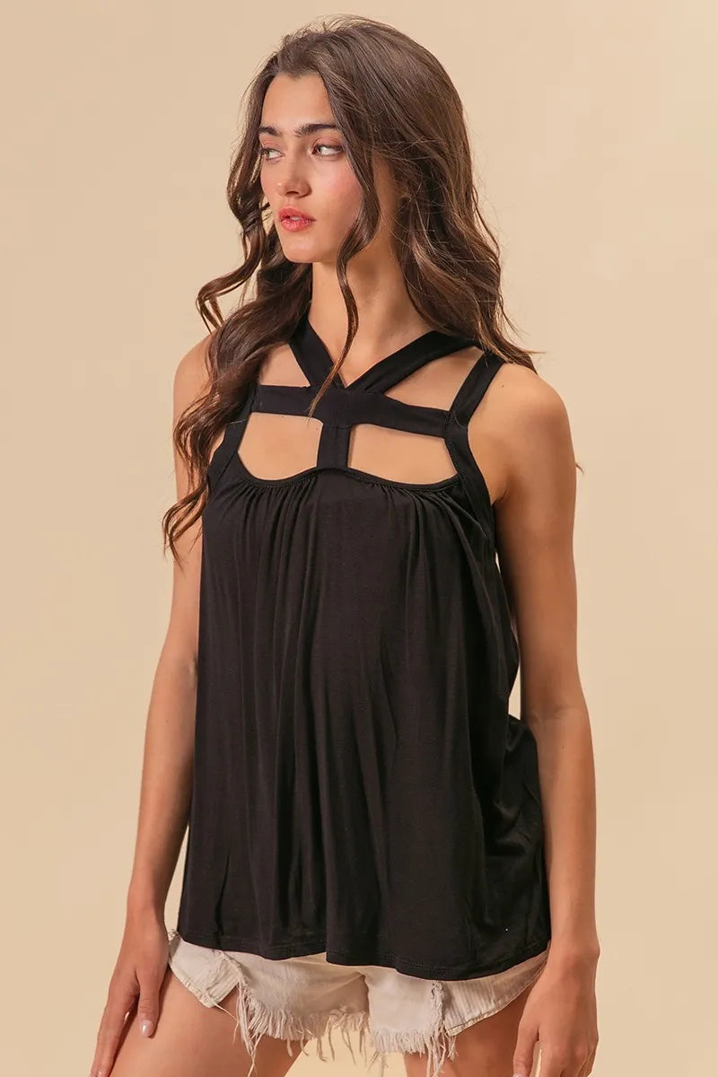 BiBi Rayon Span Jersey Cut Out with Straps Detailed in Black