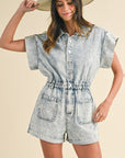 Annie Wear Elastic Waistband Short Sleeve Denim Romper