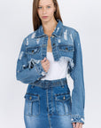 American Bazi Distressed Denim Jacket with Frayed Hem