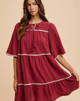 Annie Wear Tassel Contrast Trim Tie Neck Half Sleeve Tiered Dress