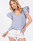 Ces Femme Striped V-Neck Ruffled Cap Sleeve Blouse