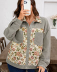 Plus Size Floral Patchwork Corduroy Pocketed Jacket