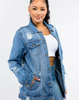 American Bazi Full Size Button Up Distressed Denim Jacket