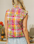 BiBi Quilted Washed Plaid Snap Down Vest