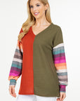 Celeste Full Size Contrast Striped V-Neck Long Sleeve Blouse