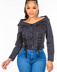 American Bazi Off Shoulder Lace Up Denim Jacket