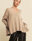 Davi & Dani Ribbed Side Slit V-Neck Sweater