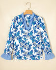 Floral Stripe Patchwork V-Neck Flounce Sleeve Blouse