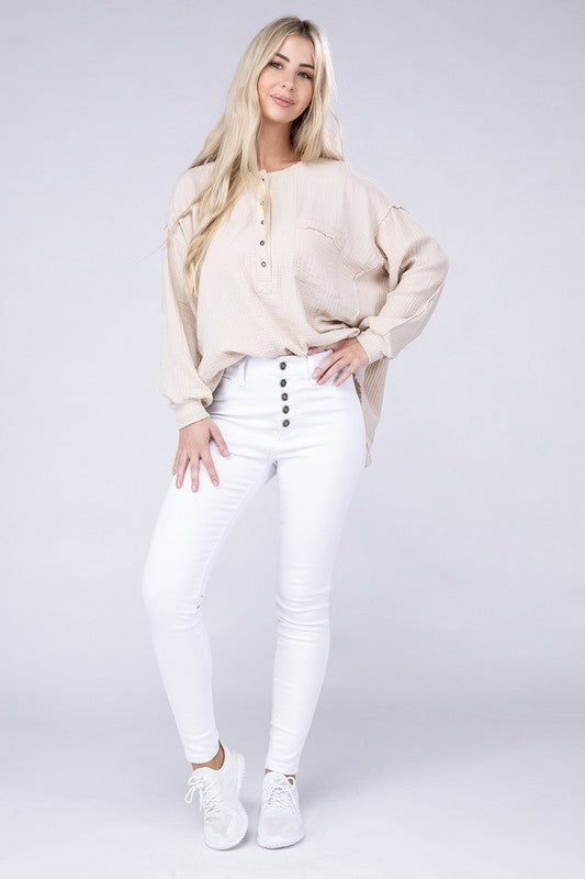 ZENANA Double Gauze Oversized 3/4 Button Henley Neck Top